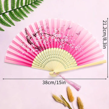 éventail pliant traditionnel bambou motif fleurs cerisier pompon mariage élégant