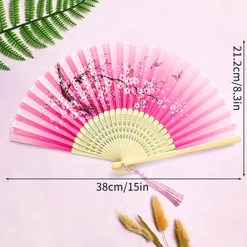 éventail pliant traditionnel bambou motif fleurs cerisier pompon mariage élégant