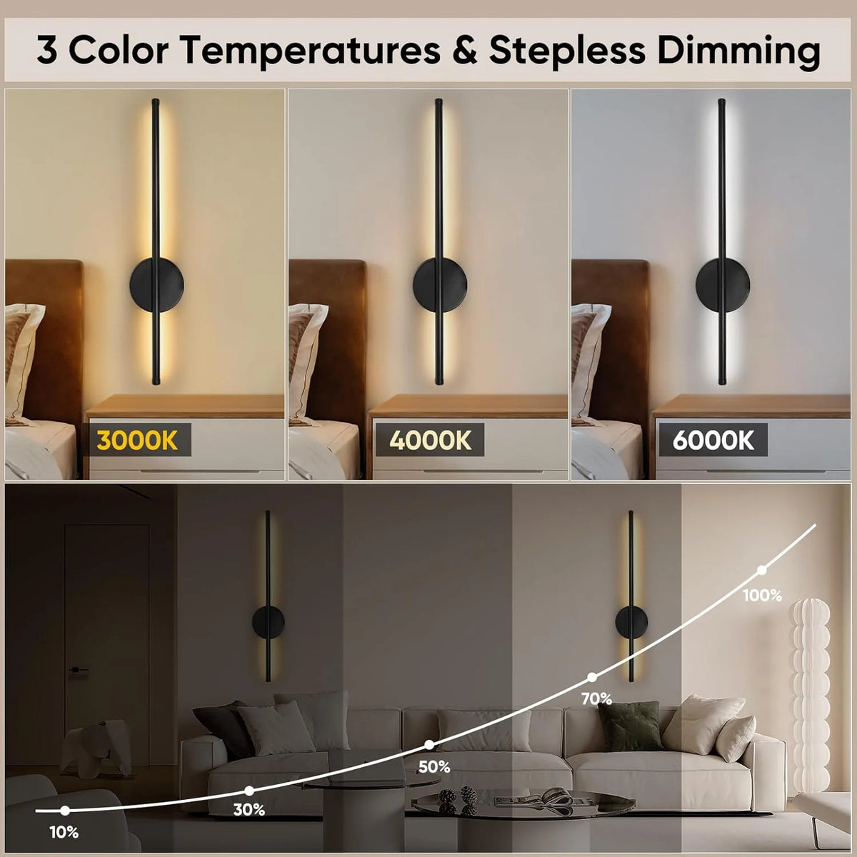 Lampes murales LED modernes rechargeables USB variante luminosité couleurs noir or