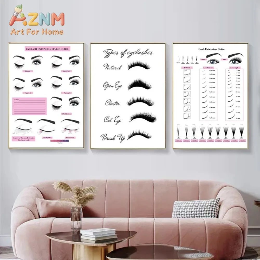 guide extension cils tableau mural décoration salon beauté illustration technique tailles cils rose
