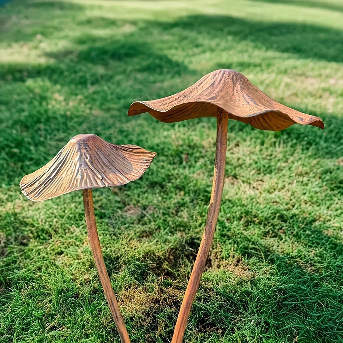 décorations champignons artificiels marron brun clair texturés rustiques extérieurs jardin naturels grandes tailles