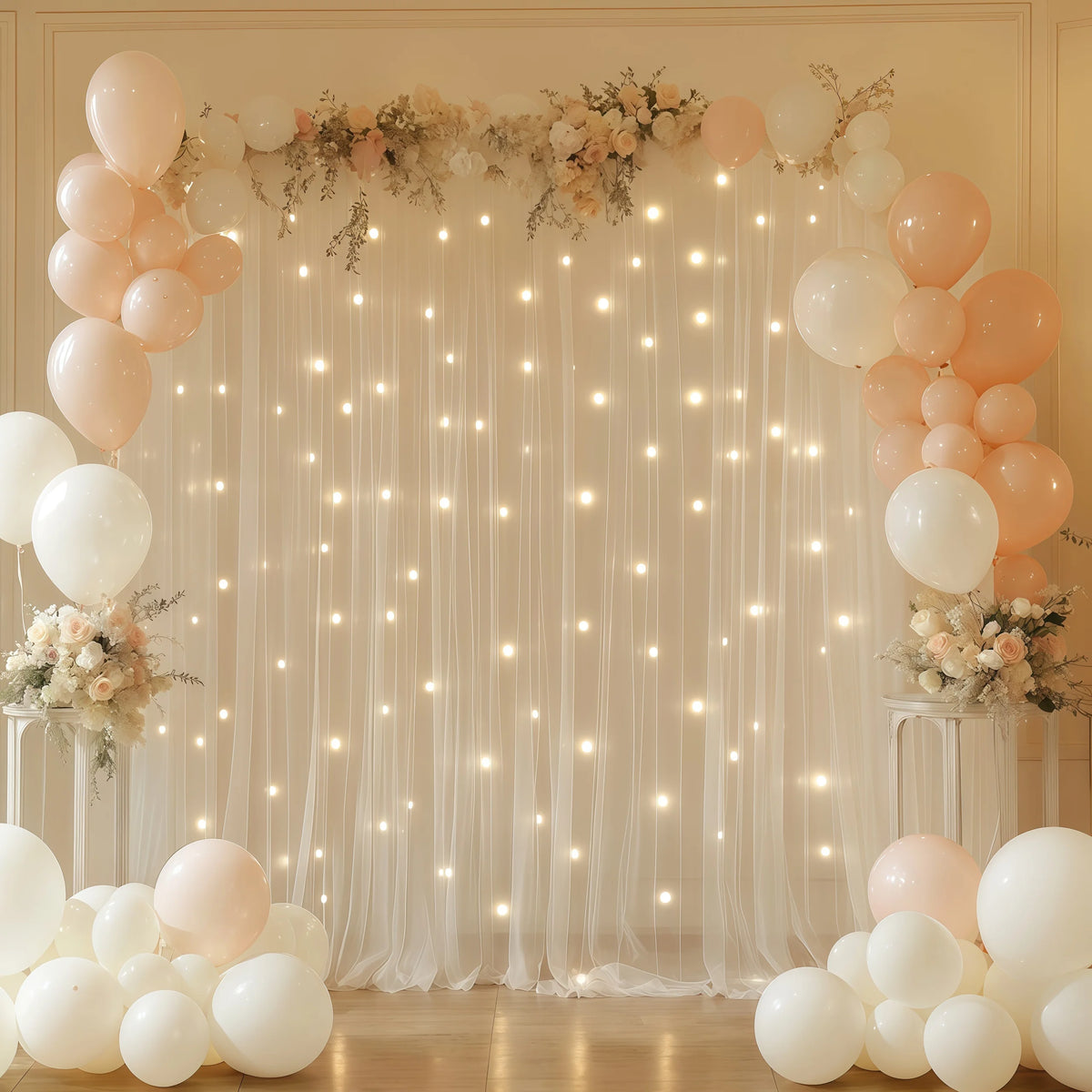 rideaux tulle plissé guirlande lumineuse ballons mariage anniversaire décoration événement festive romantique