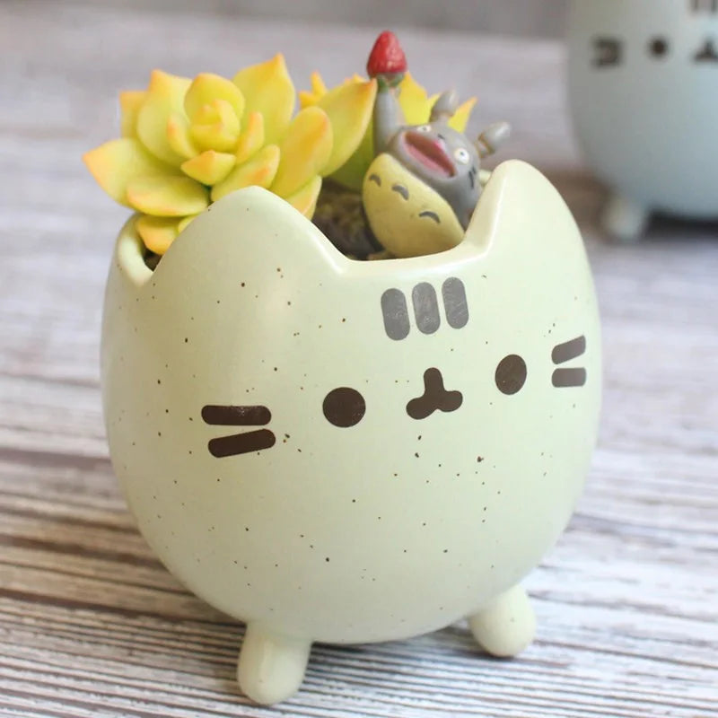 cache pot céramique porcelaine chat cartoon bleu rose blanc plante verte maison jardin decoration