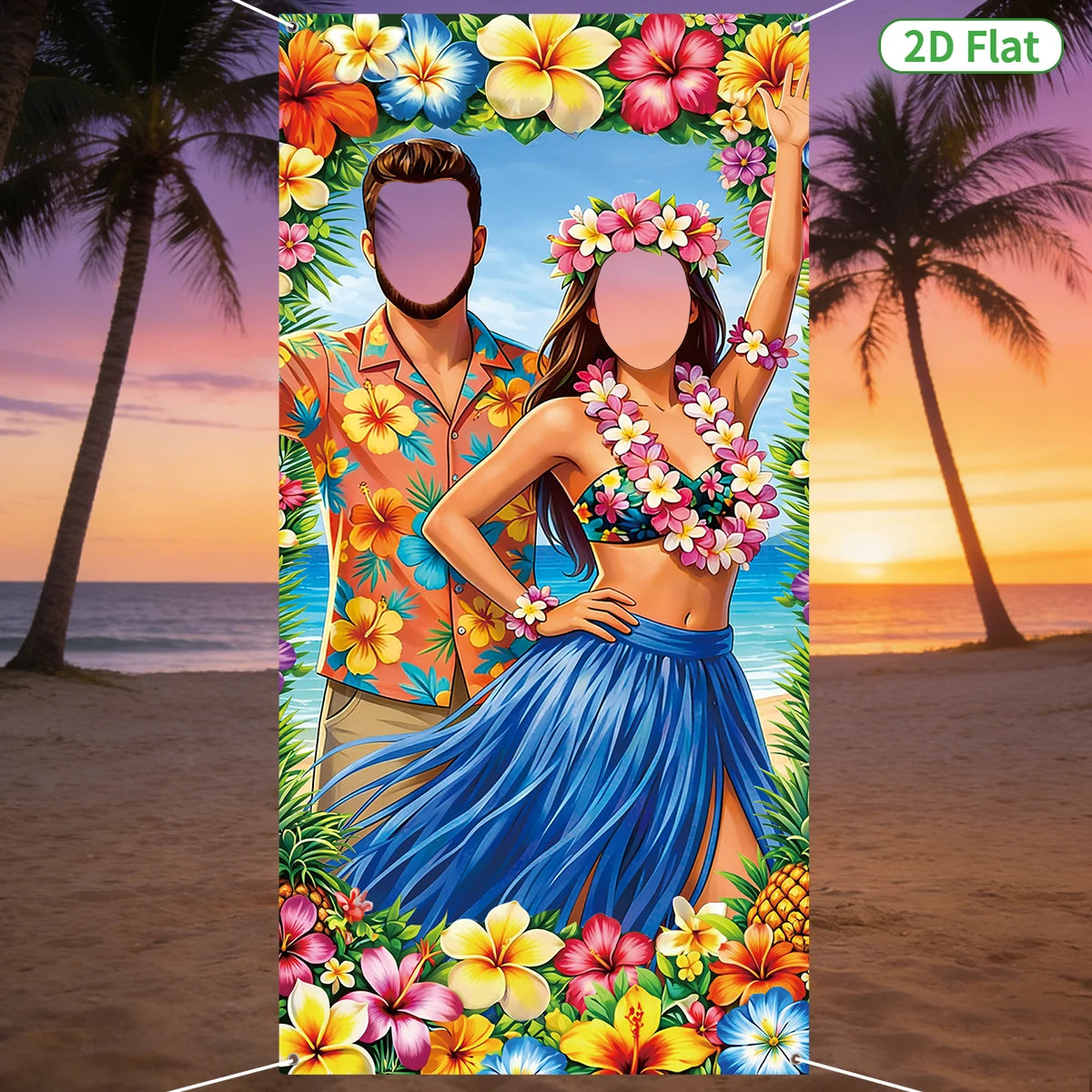 toile fond motif tropical hibiscus palmier anniversaire mariage fête enfant multicolore illustration