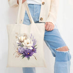 sac main toile floral beige fleurs blanches violettes respectueux environnement multifonction poignées tissu