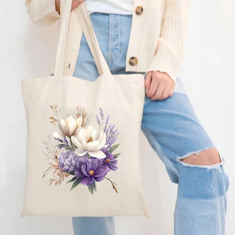 sac main toile floral beige fleurs blanches violettes respectueux environnement multifonction poignées tissu