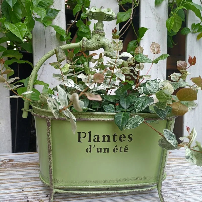 Cache pot fer vert olive élégant classique poignée métallique extérieur moderne fleur plante verteintérieur
