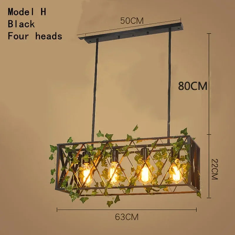 suspension lumineuse vintage oiseaux métal feuilles vert ampoules noir doré rustique