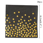 assiettes noires points dorés cuillères fourchettes couteaux gobelets serviettes tablecloth festif jetables moderne