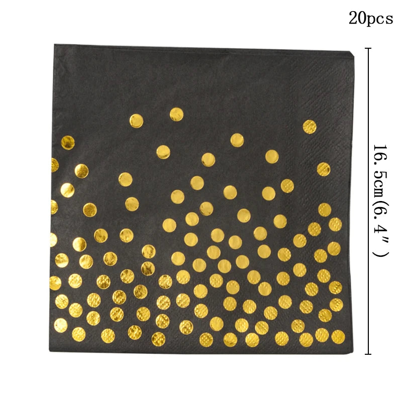 assiettes noires points dorés cuillères fourchettes couteaux gobelets serviettes tablecloth festif jetables moderne