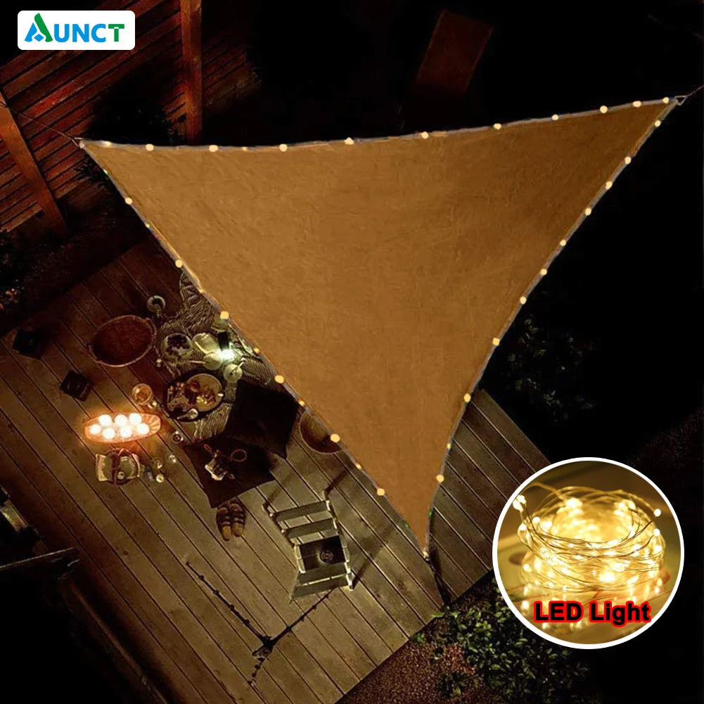 voile d'ombrage triangle beige tente soleil jardin extérieur guirlande lumineuse led usb