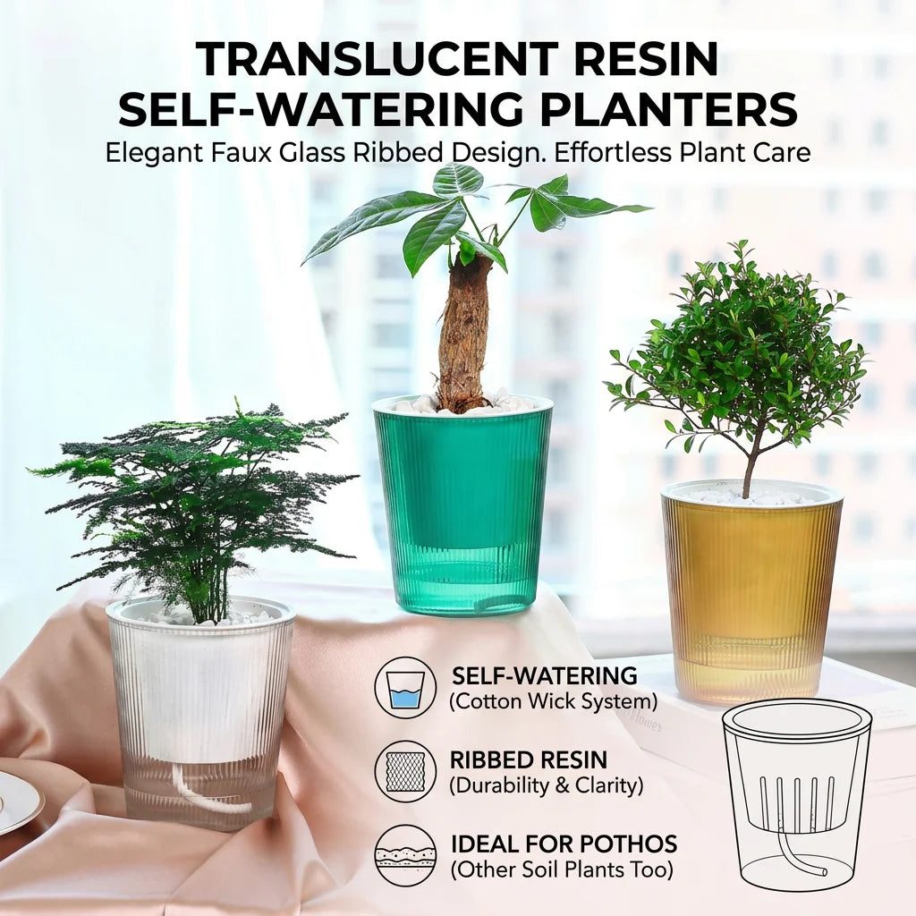 pots plantes auto arrosants résine translucide couleurs blanc vert jaune nervures vintage