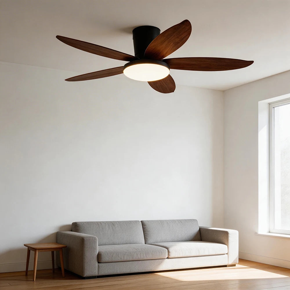 ventilateur moderne noir bois foncé simple silencieux led controle mural traditionnel garantie