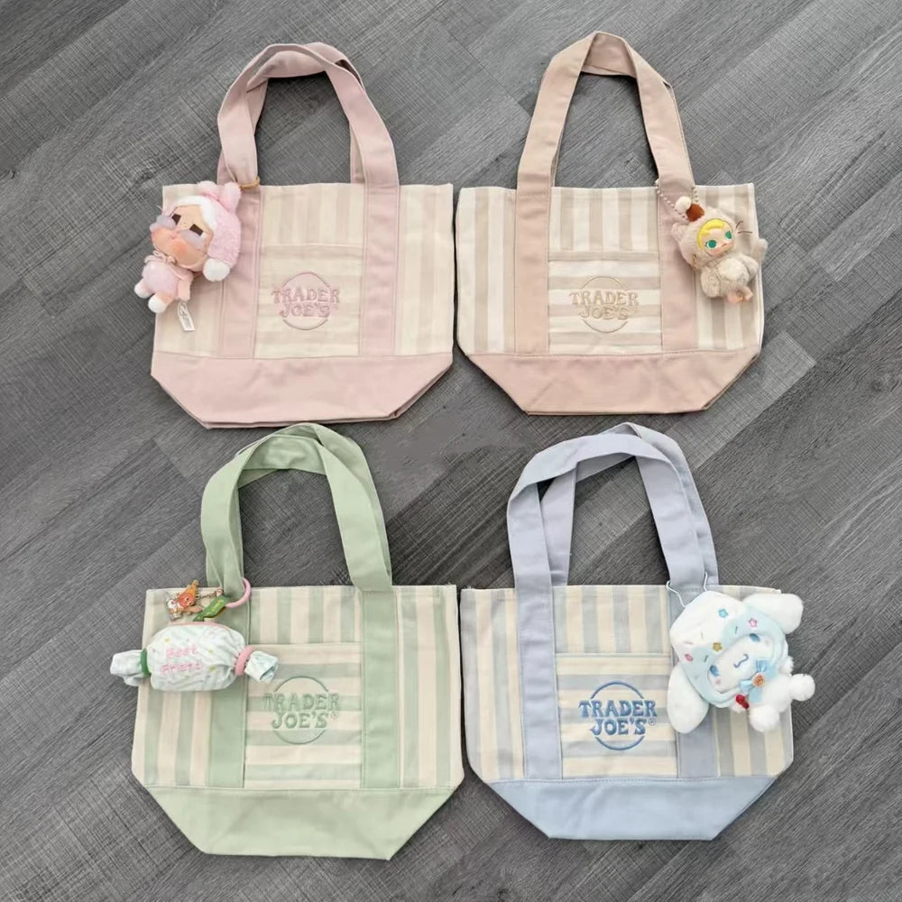 sac main toile rayé beige rose vert bleu poignées détachables moderne casual écologique multi