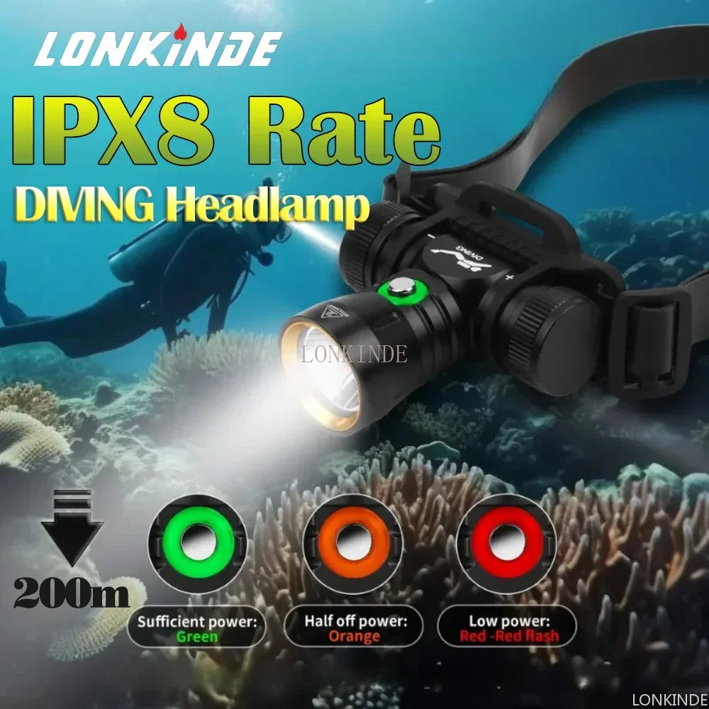 lampe frontale plongée led noir doré robuste ipx8 indicateur batterie ceinture ajustable moderne fonctionnelle