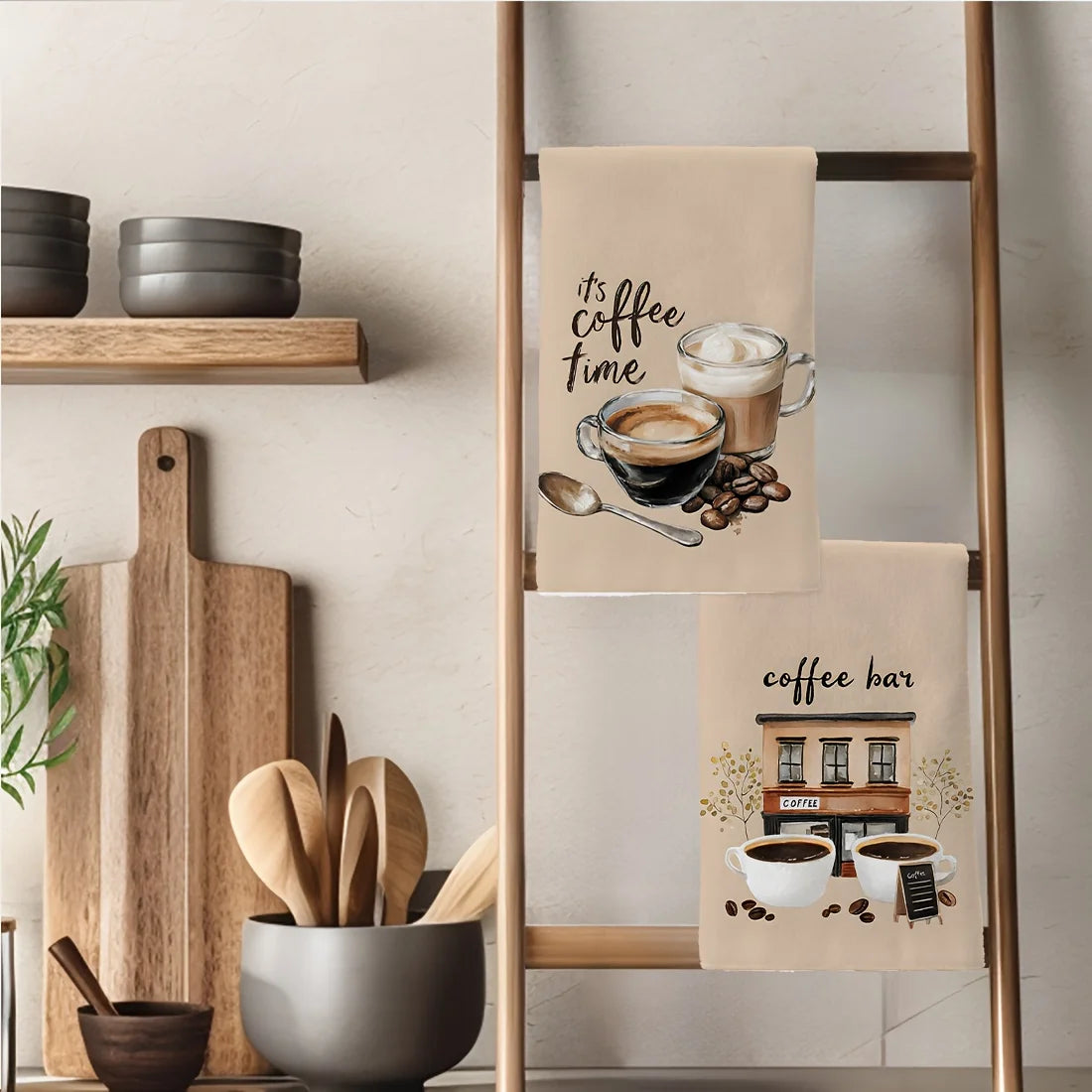 serviettes cuisine motifs tasse grains rustique beige blanc opaques absorbantes echangement deco