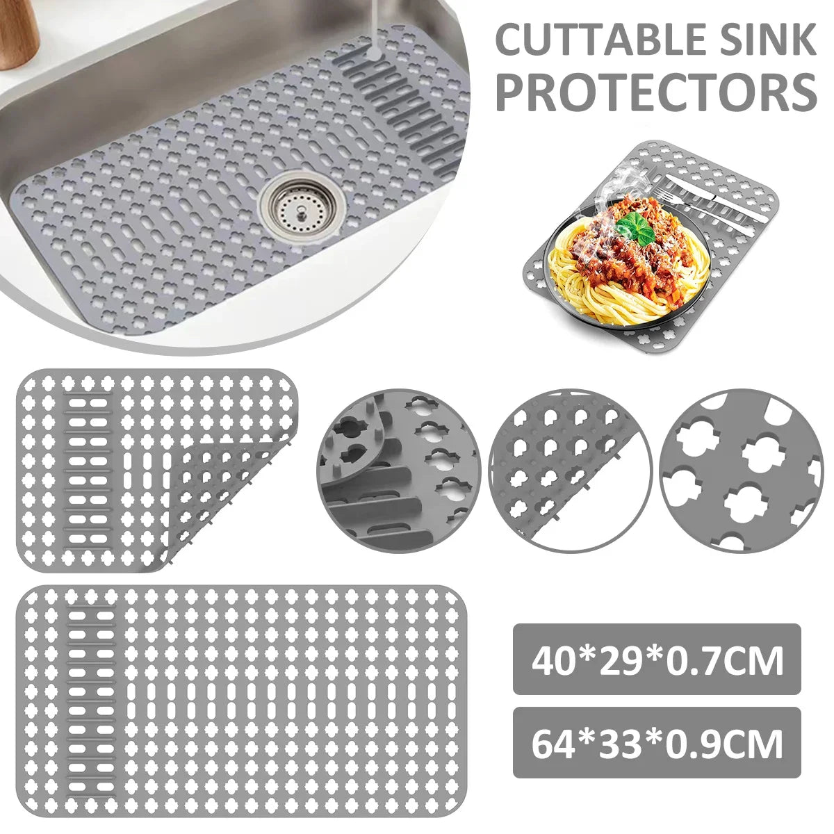 tapis silicone gris perforations hexagonales moderne utilitaire vaisselle drainante assainissement séchage fond évier