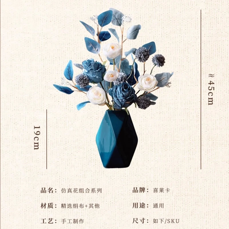 bouquet fleurs artificielles vase bleu foncé blanc crème modernes décoration intérieure mariage anniversaire