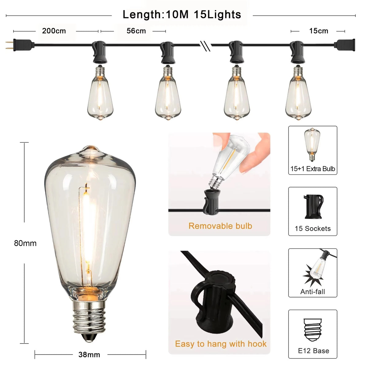 guirlande lumineuse extérieure led noir ampoules transparentes forme bouteille vintage industrielle