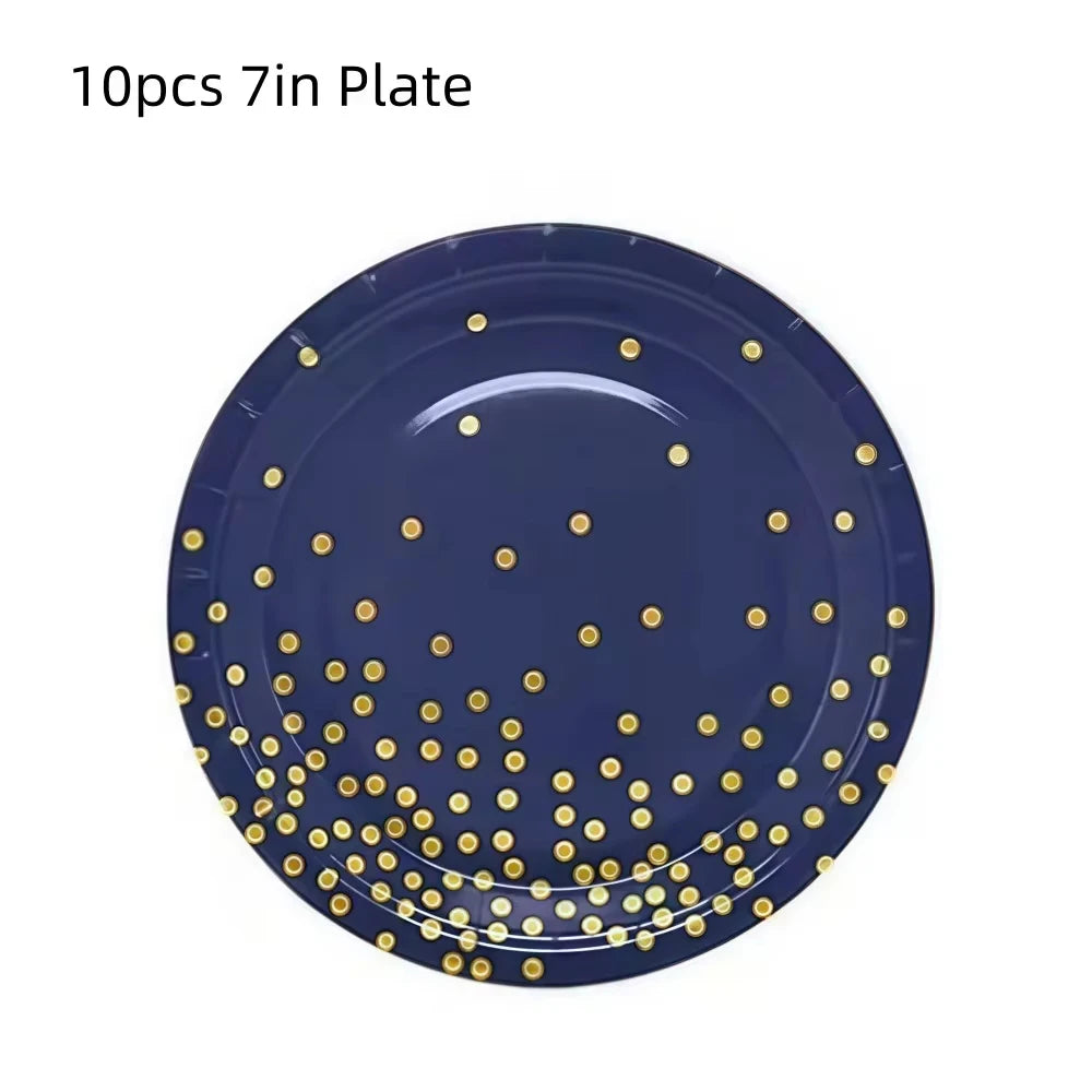 vaisselle jetable moderne assiettes bleu marine fourchette cuillère nappe dorée points festif