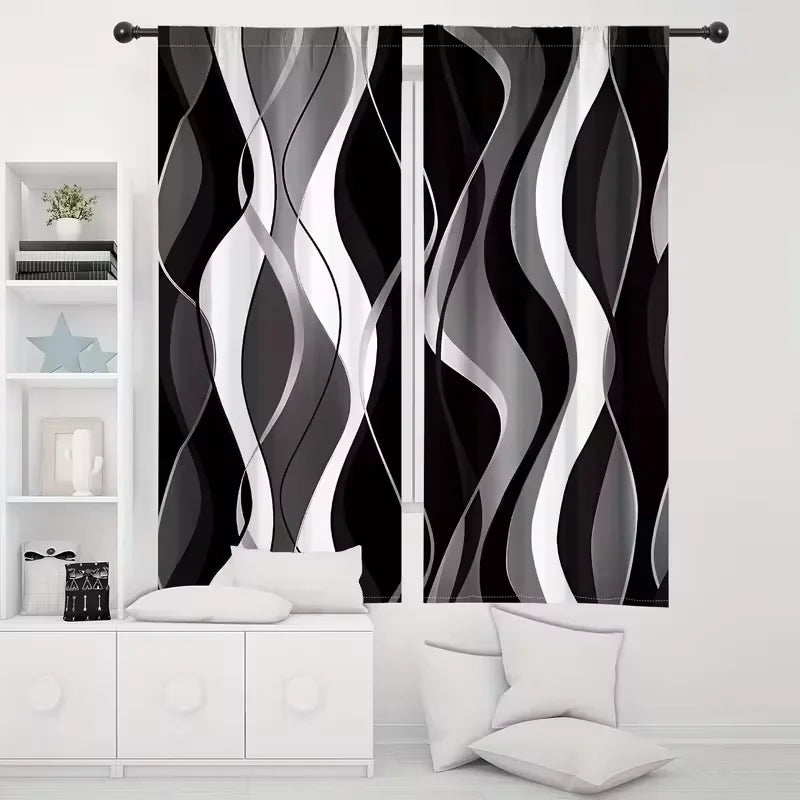 rideau moderne panneaux polyester noir blanc gris rayures ondulées salon chambre coucher