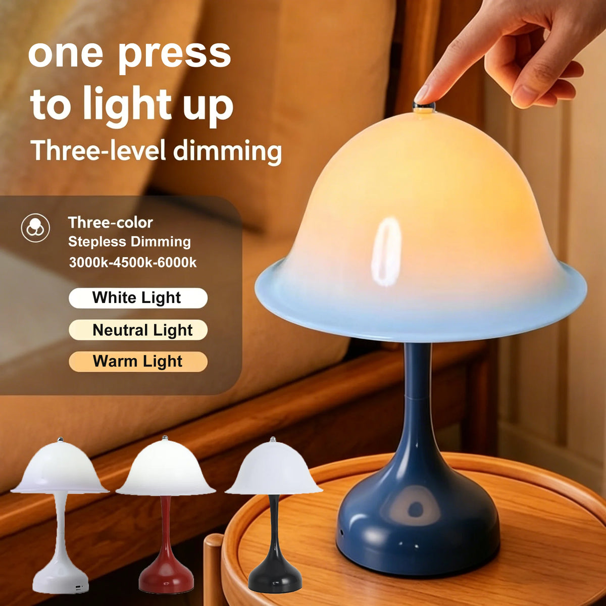 lampe chevet sans fil led rechargeable tactile bleu rose blanc moderne abatjour champignon chambre