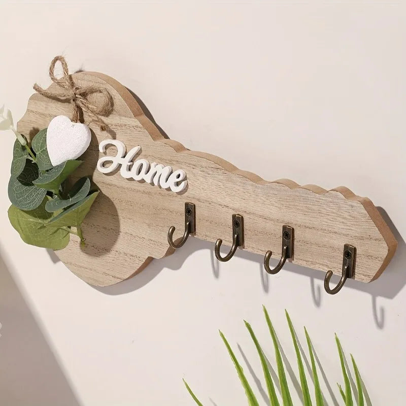 porte clés mural bois naturel cœur feuilles ruban moderne fixations