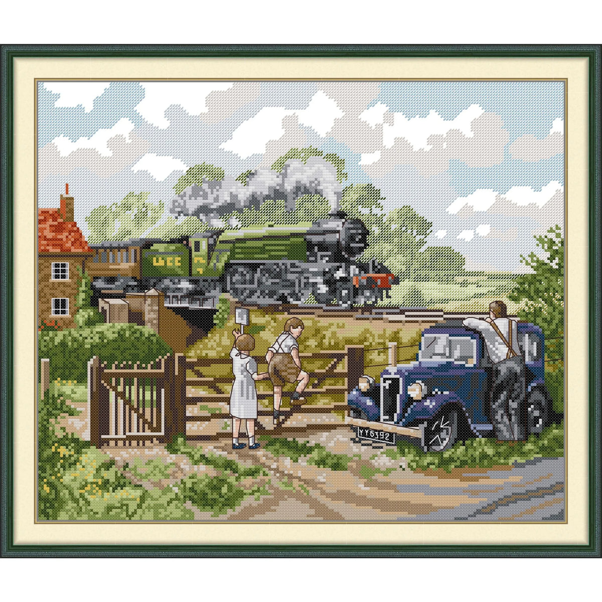 toile imprimée point croix paysage rural train voiture ancienne broderie coton fil couleur instructions