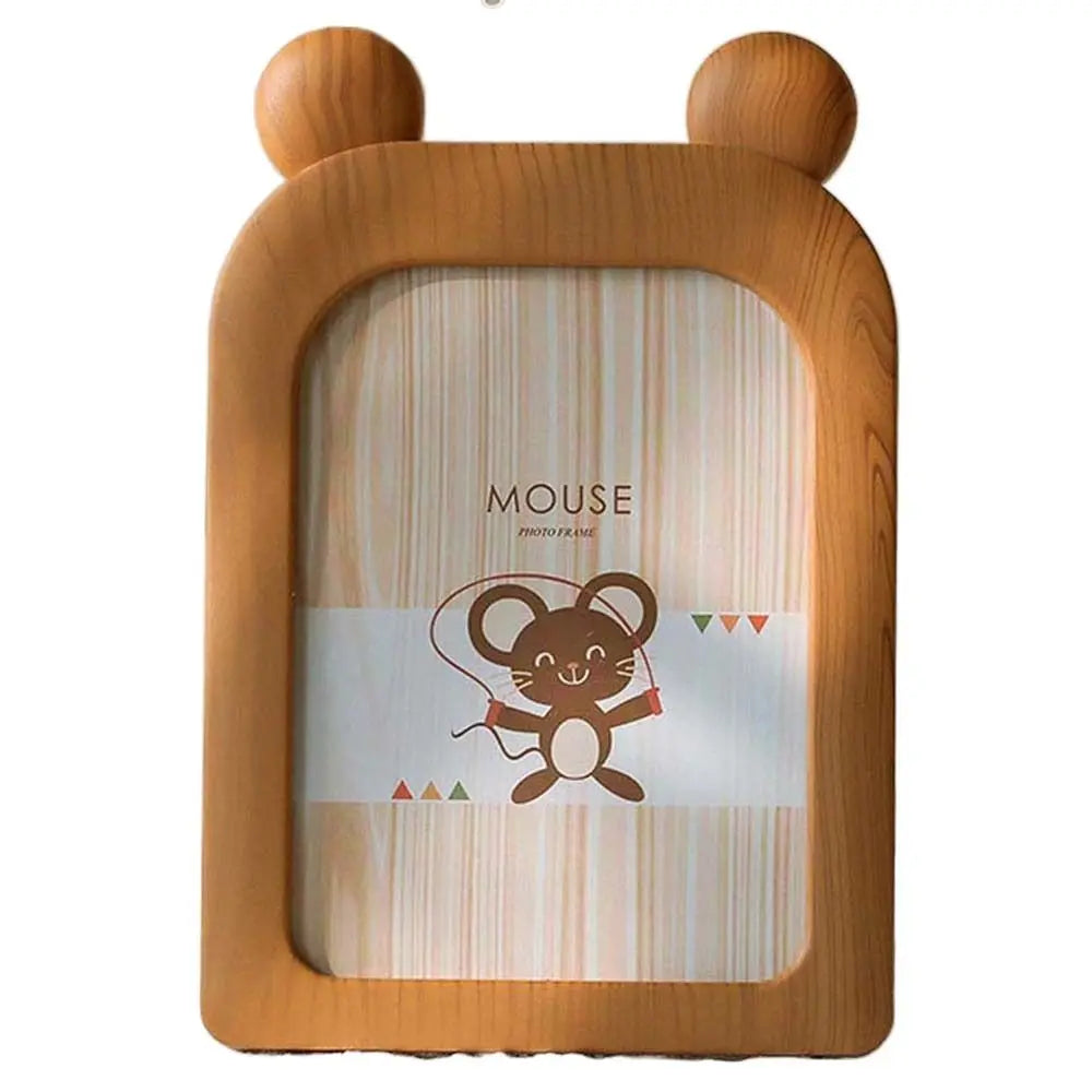 cadres photo décoration animaux tête souris girafe ours aspect bois clair rotatif beige marron