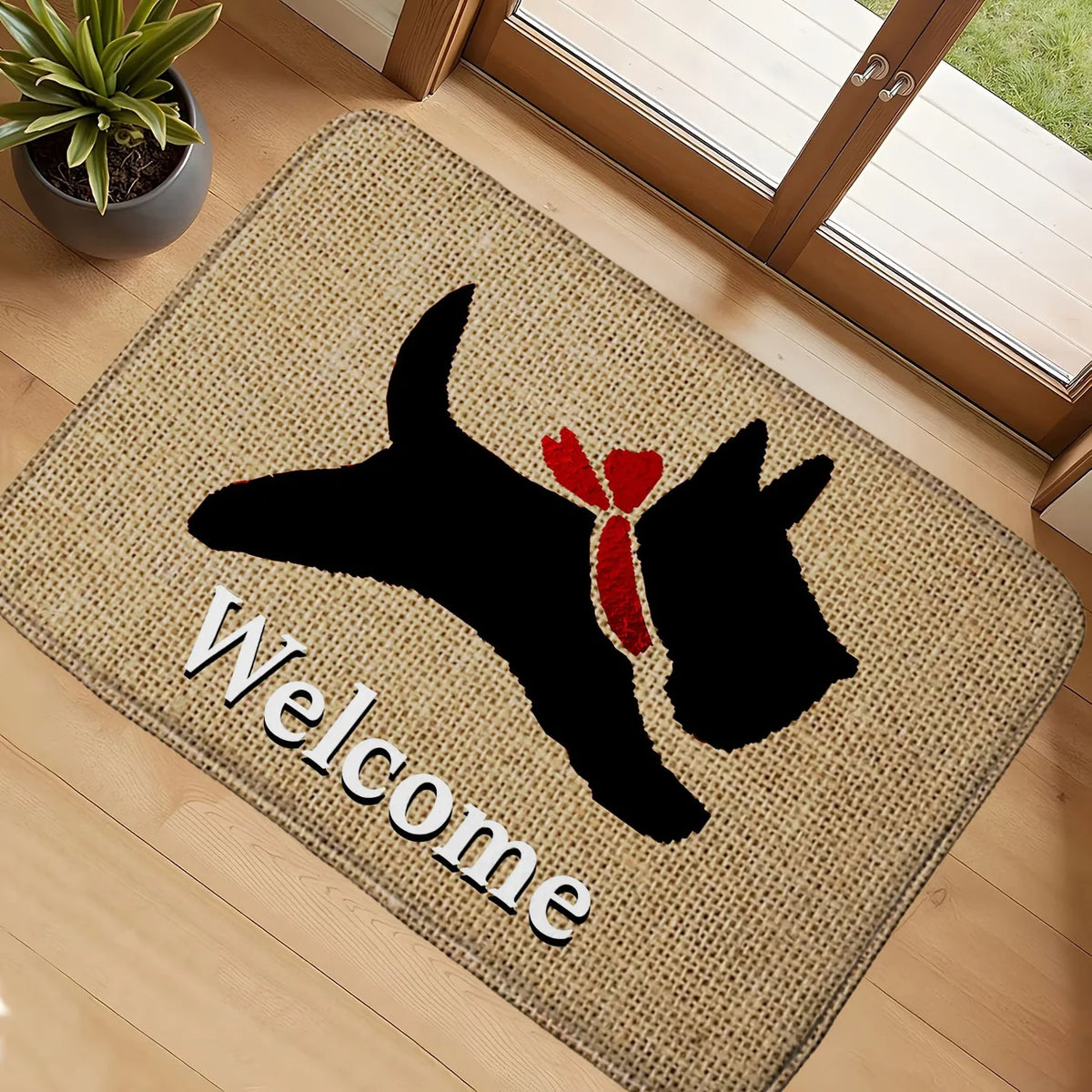 tapis d'entrée moderne motif chien noir écharpe rouge fond beige antidérapant polyester