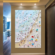 tableau decoratif plage personnes parasols bleu clair rouge moderne impressionniste