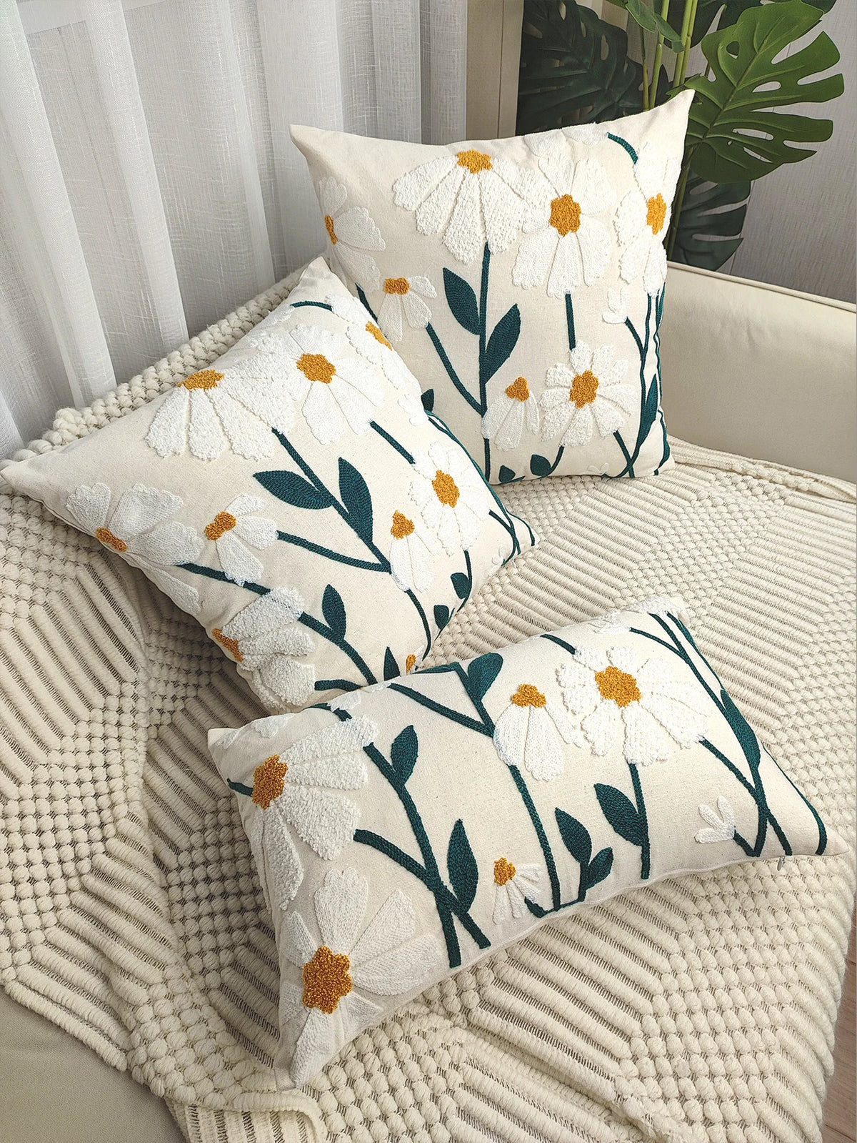 taie d'oreiller brodée fleurs marguerite 100% polyester décoratif salon voiture opacité blanc jaune vert