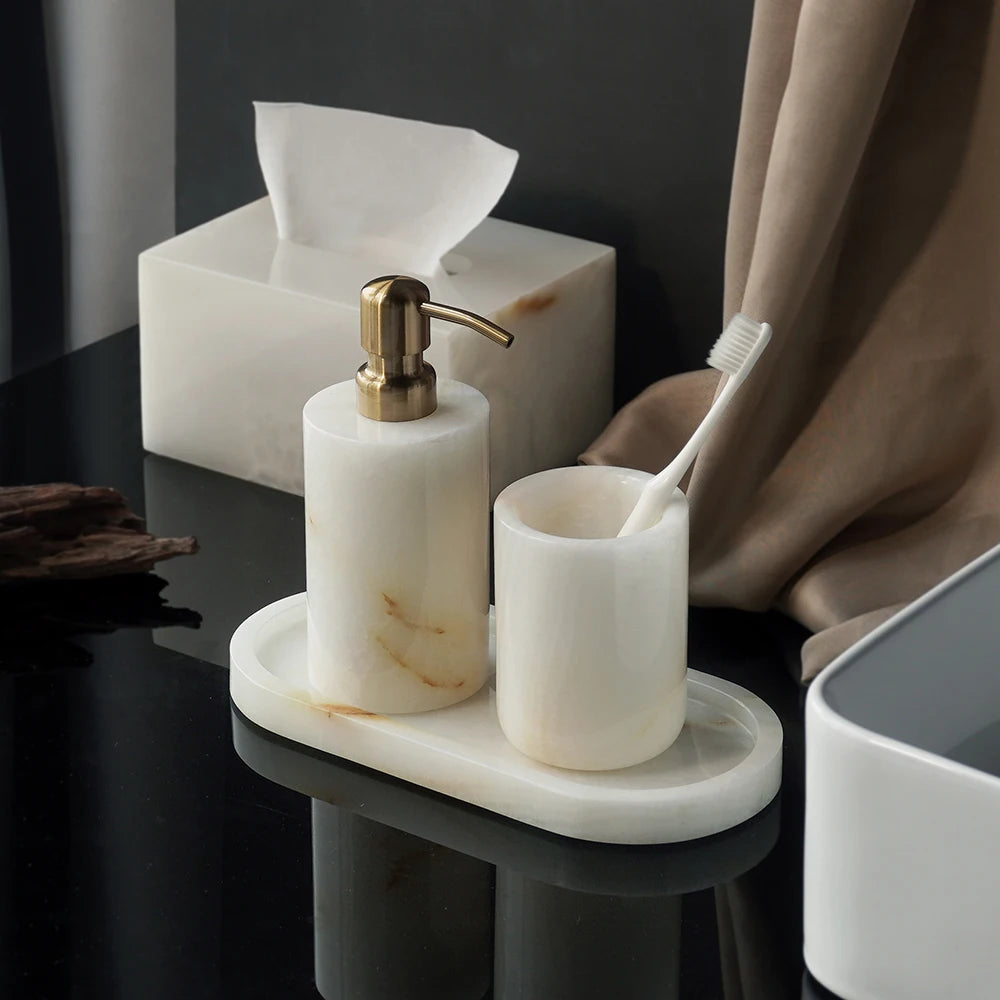 ensemble accessoires salle bain marbre blanc onyx distributeur savon plateau pot brosse dents