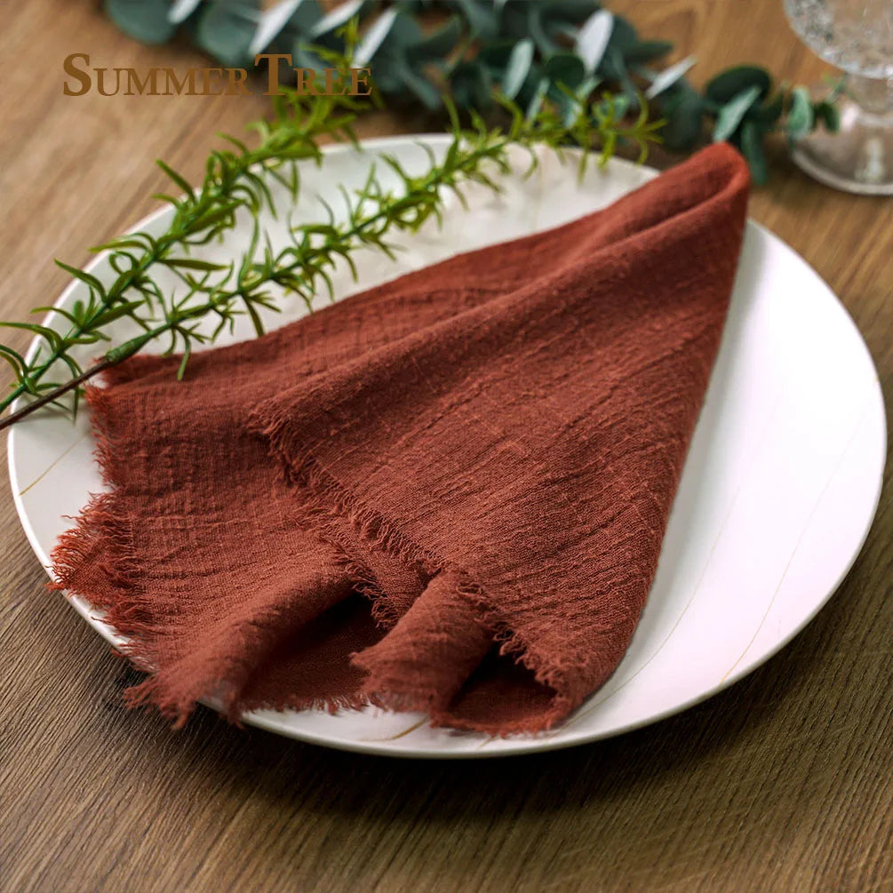 serviette coton beige rose blanc tissage fin bordures frangées rustique naturel