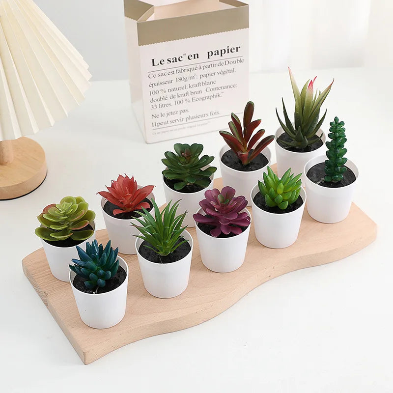 Plante verte artificielle succulente bonsaï en plastique blanc lait sur bureau