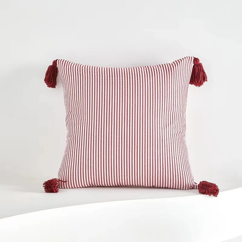 coussin carré rouge blanc rayures moderne tissage fin polyester coton tassels bord pressé occlusif