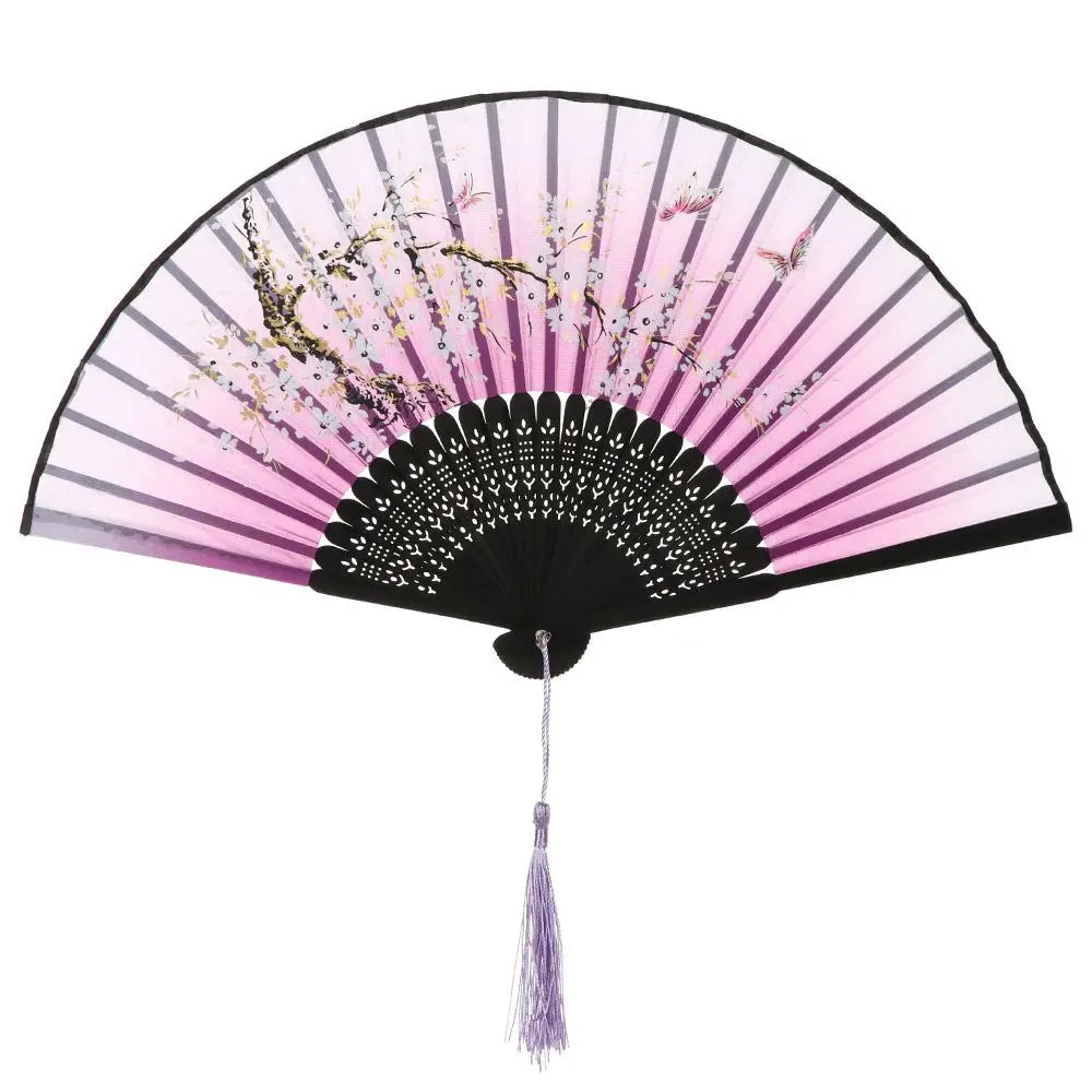 éventail traditionnel élégant tissu bambou fleurs motifs géométriques noir blanc doré