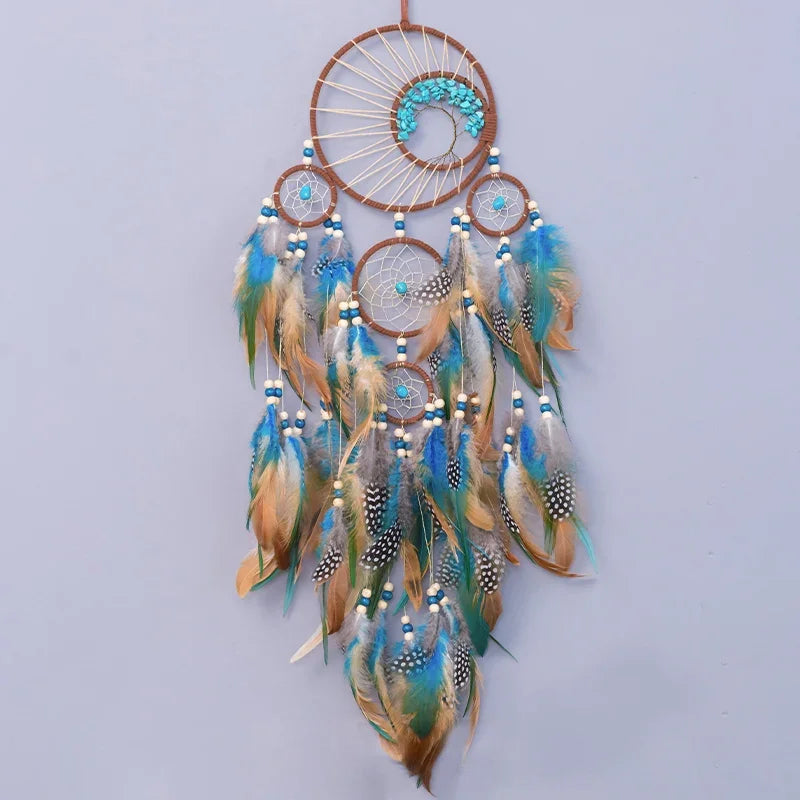 attrape rêves décoration murale plumes ethnique boho chic marron bleu beige gris