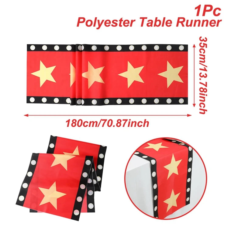 décoration anniversaire thème cinéma assiettes jetables serviettes gobelets nappe guirlande popcorn rouge noir doré
