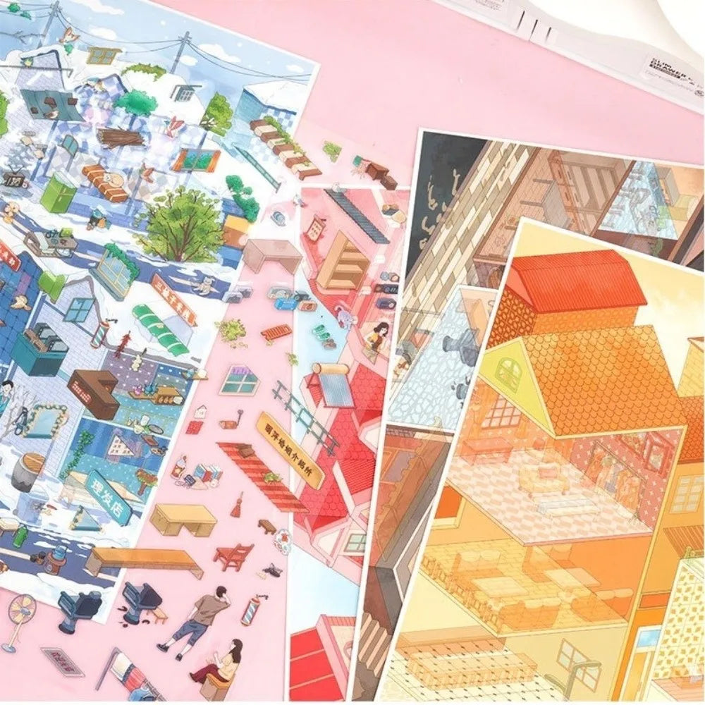 puzzle pieces adhesive multicolore ville animée isométrique illustrative enfants maison poupéesDecorationScèneMiniature