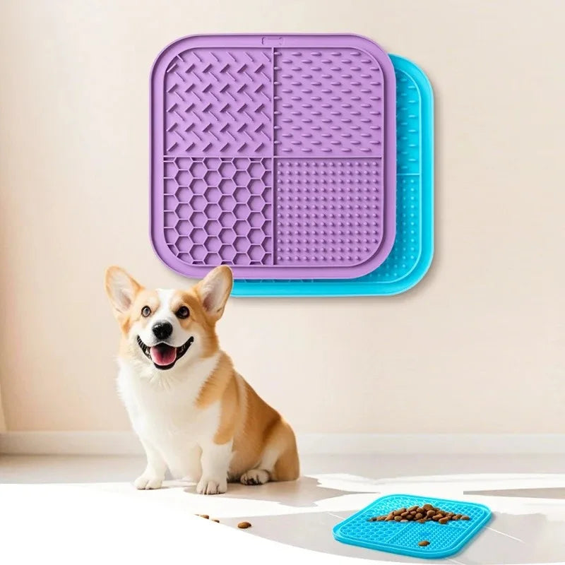 tapis léchage silicone animaux chiens chats distraction bain ventouses hexagones violet bleu orange moderne
