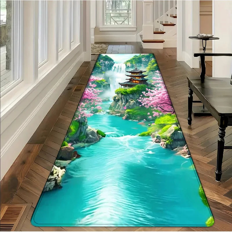 tapis moderne paysager cascade ponts végétation vert bleu blanc beige noir salon chambre decoration