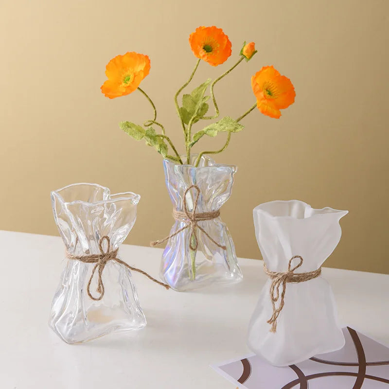 vase verre transparent moderne ruban jute pot fleur terrarium décoration table hydroponique artisanat