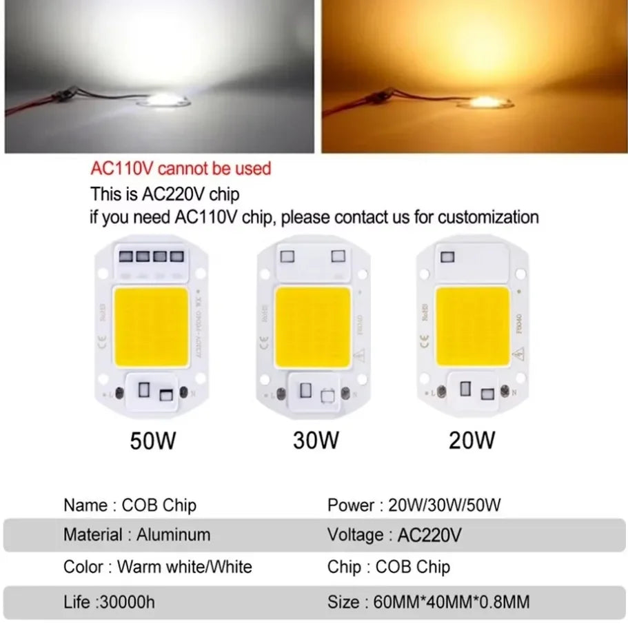 ampoule led chip cob 10w 20w 30w 50w blanc blanc chaud smart ic ac