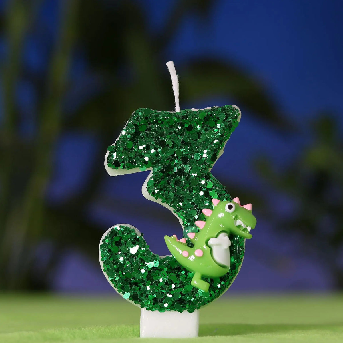 bougies anniversaire forme chiffre glitter vert dinosaure décoratives tringle inclusion boîte transparente