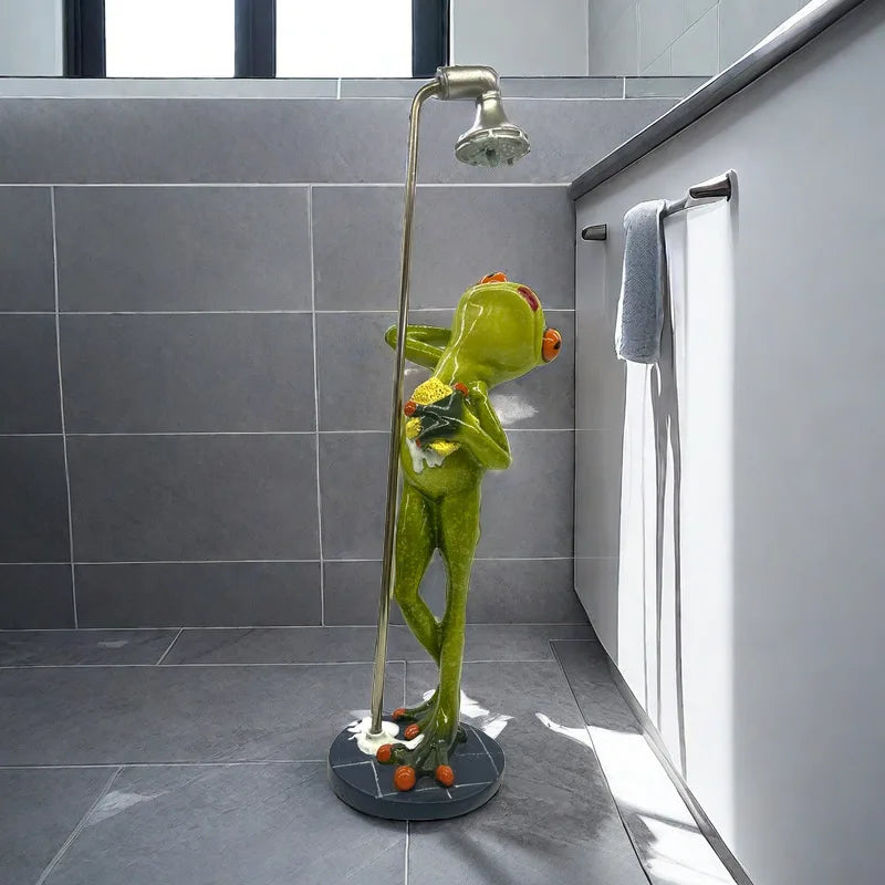 statue grenouille verte douching figurine résine décorative humoristique salle bains