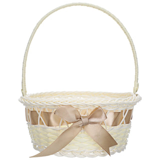 panier tressé fleurs artificielles roses feuilles vertes ruban beige blancintérieur romantiquedécoratif champêtre