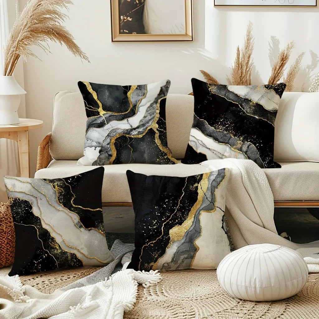 taies d'oreiller imprimées marbre veines dorées contemporain maison salon 45x45cm polyester peachskin