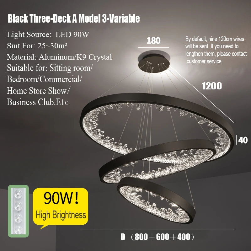 suspension lumineuse moderne or noir strass circulaire chambre salon led