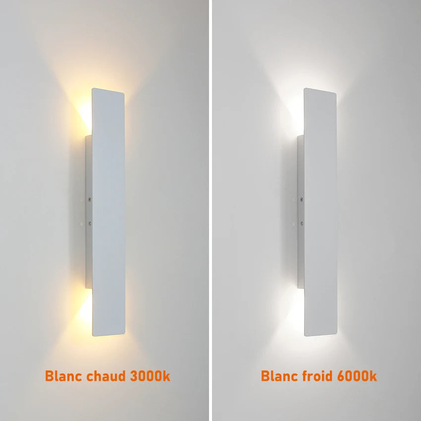 Lampes murales LED modernes noires blanches dorées effet brossé minimaliste fixées mur